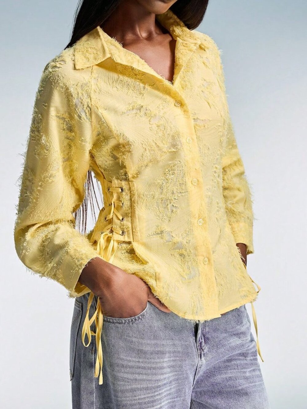 Yellow Casual Women's Polo Collar Tie-Waist Slim Long Sleeve Shirt - Picture 1 of 7